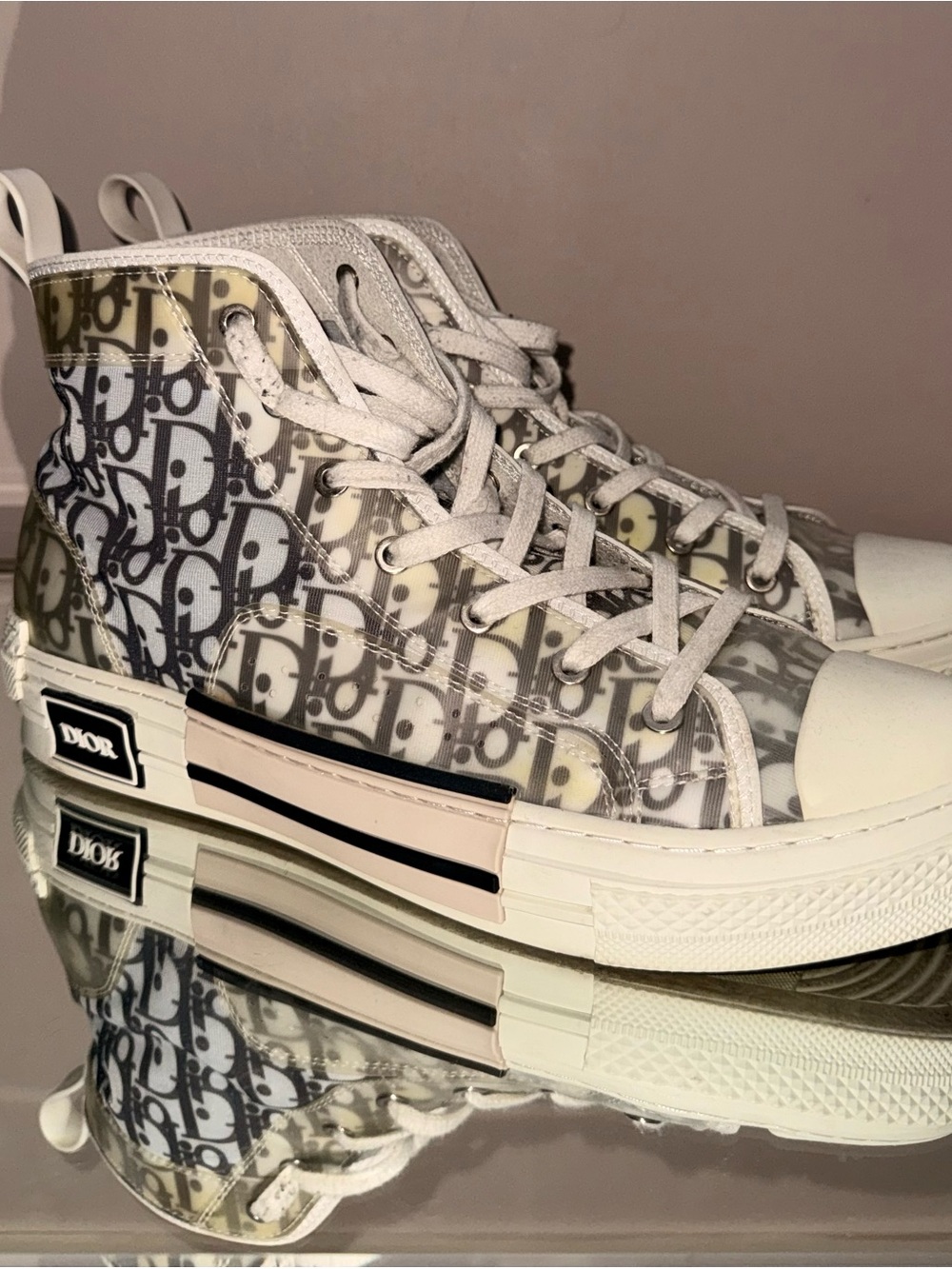 Dior Beige and Gray Oblique High-Top Sneakers